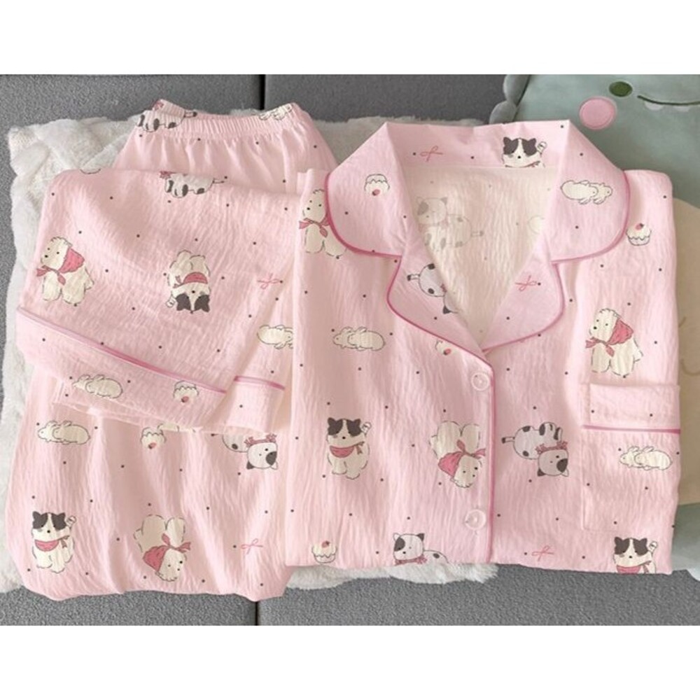Womens S Pink Dog Cat Print Pajamas 2 Piece Button Up Short Sleeve Shirt Pants